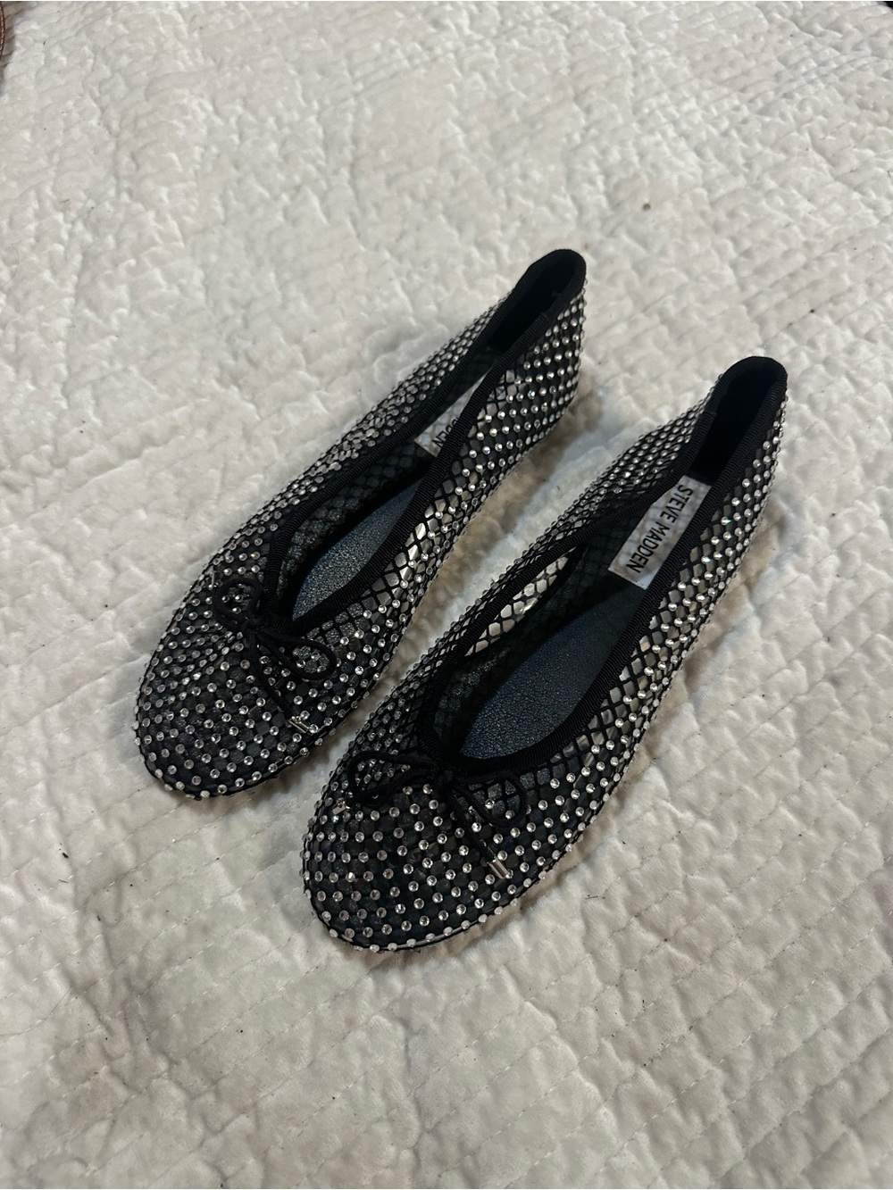 Steve Madden Black Rhinestone-Embellished Ballet Flats with Bow